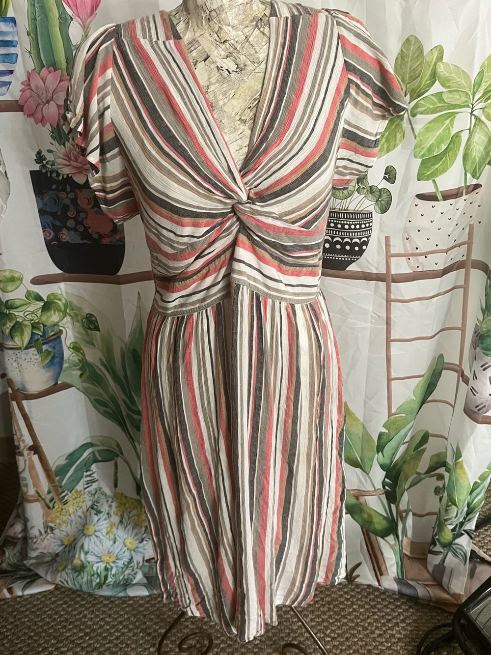 Striped Twist-Front Midi Dress - Blue & White (Sz 1X) Plus Summer Event Comfort